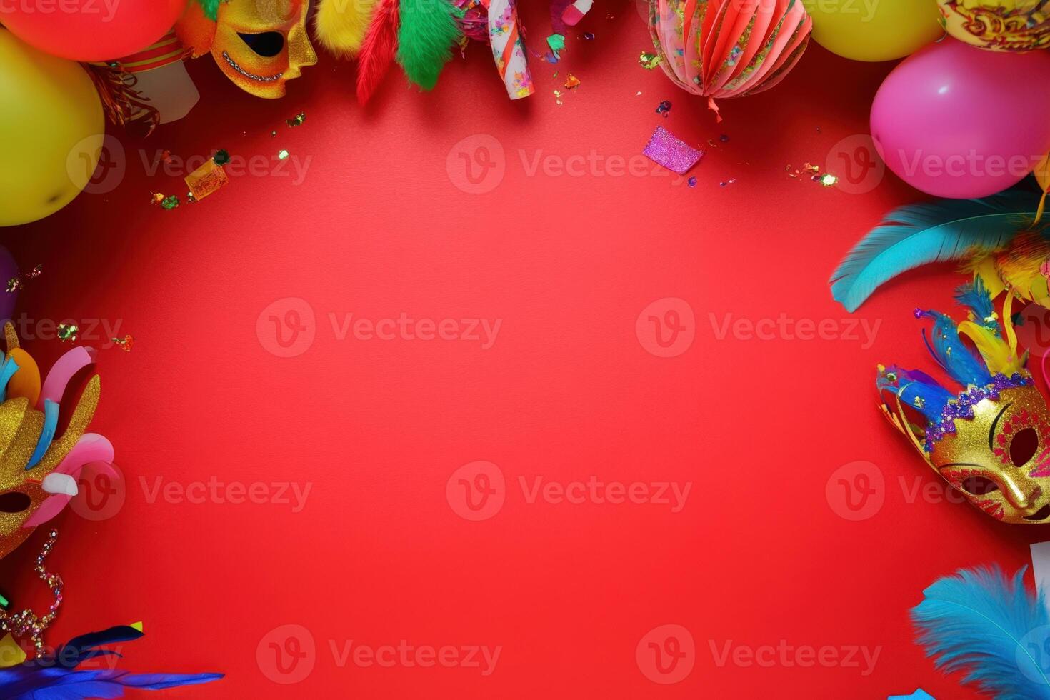 Colorful carnival party decorations on a red background photo