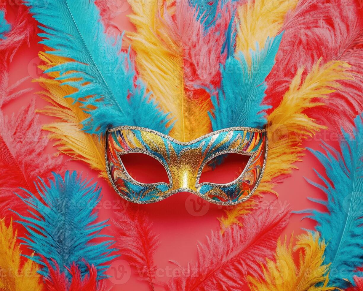 A colorful carnival mask on a red background photo