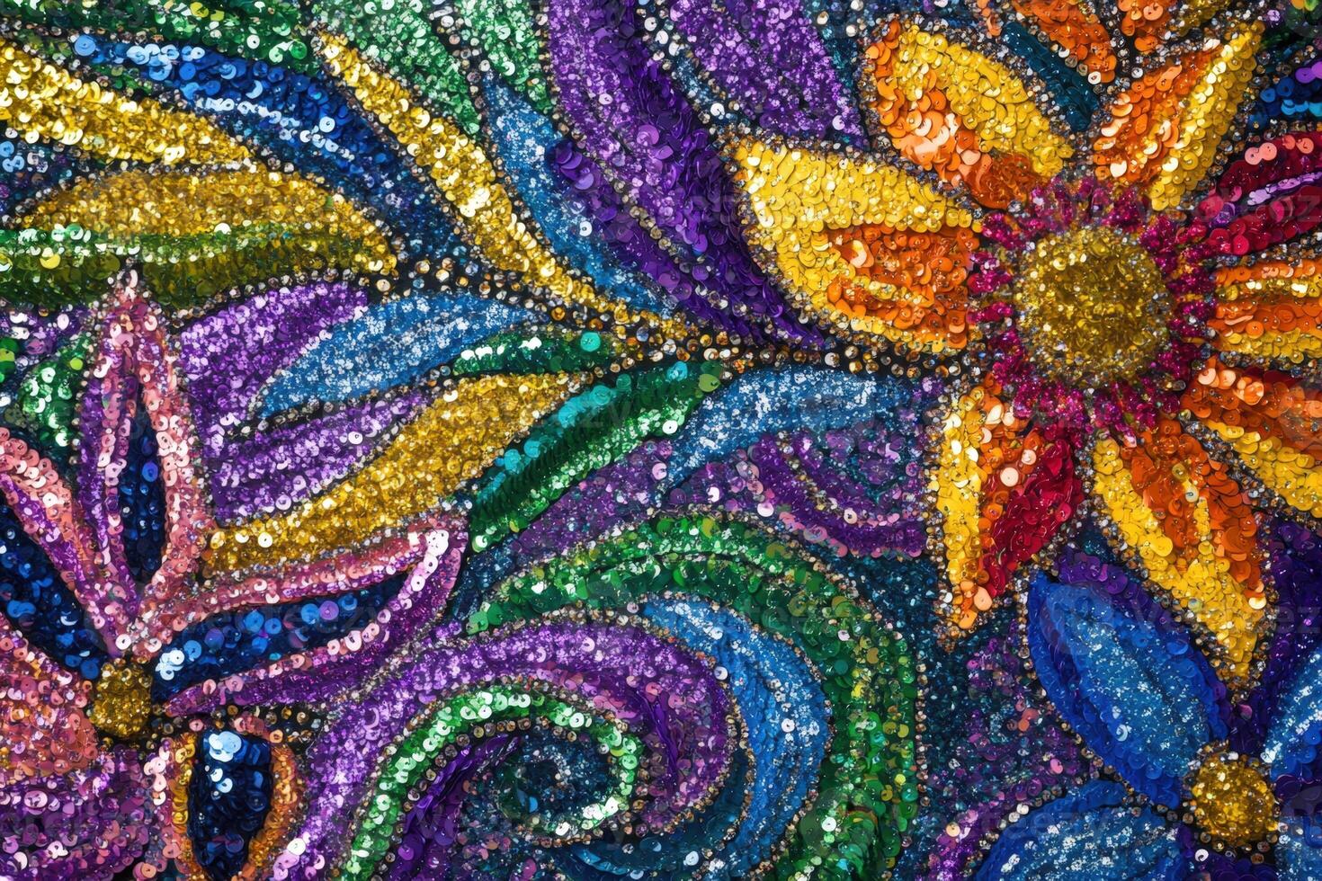 A colorful sequin covered fabric with flowers photo