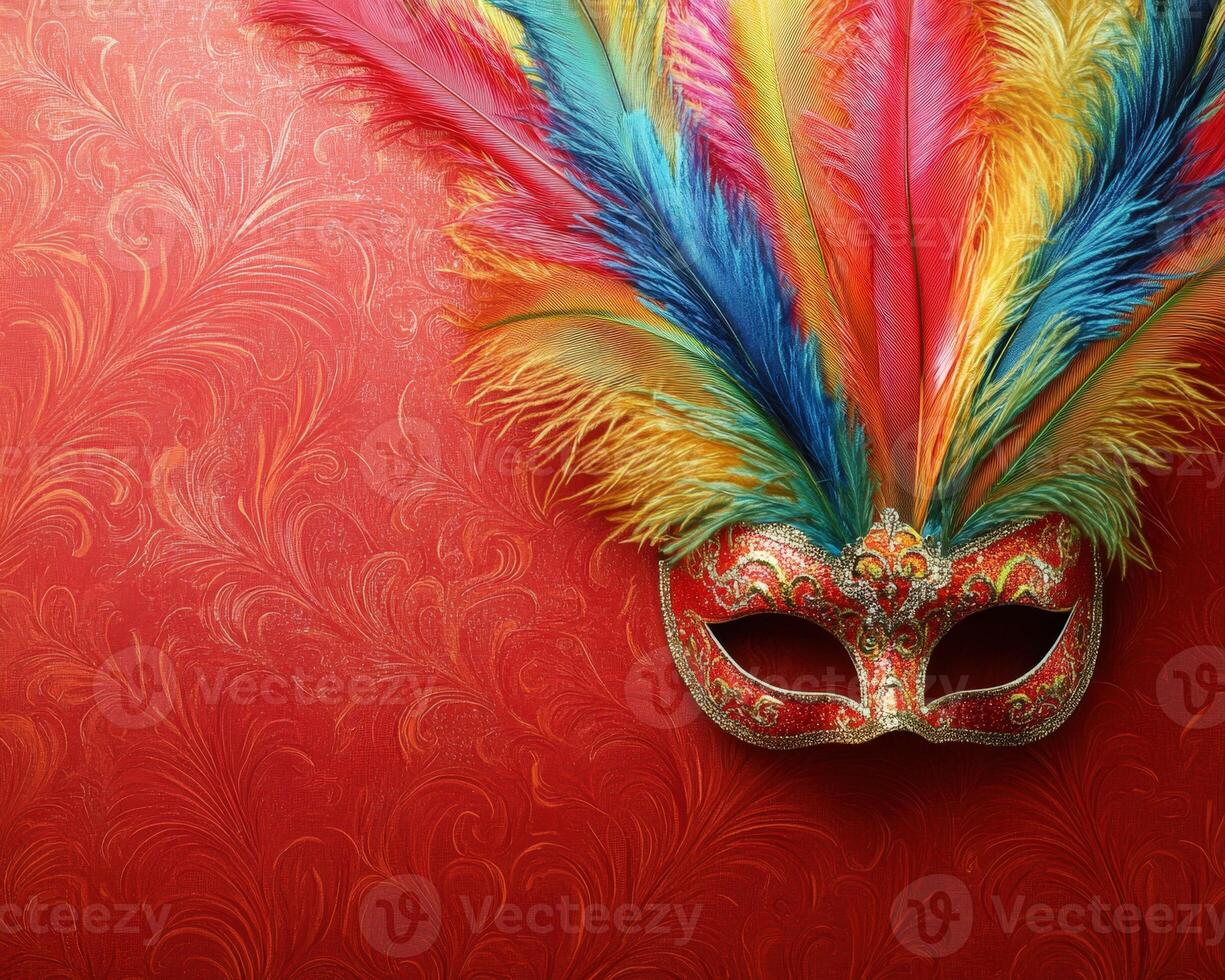 A colorful carnival mask with feathers on a red background photo