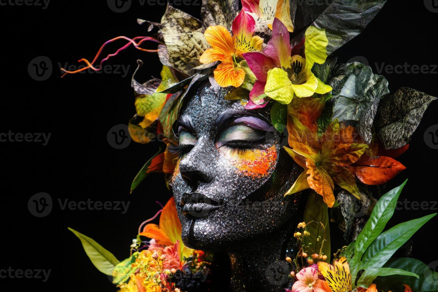 A woman with flowers on her face photo
