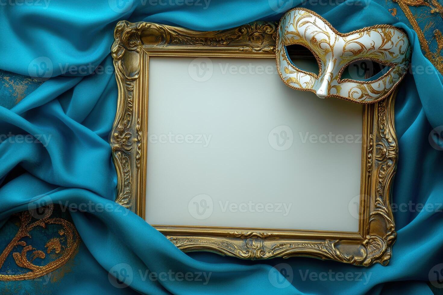 A picture frame with a mask and a blue fabric photo