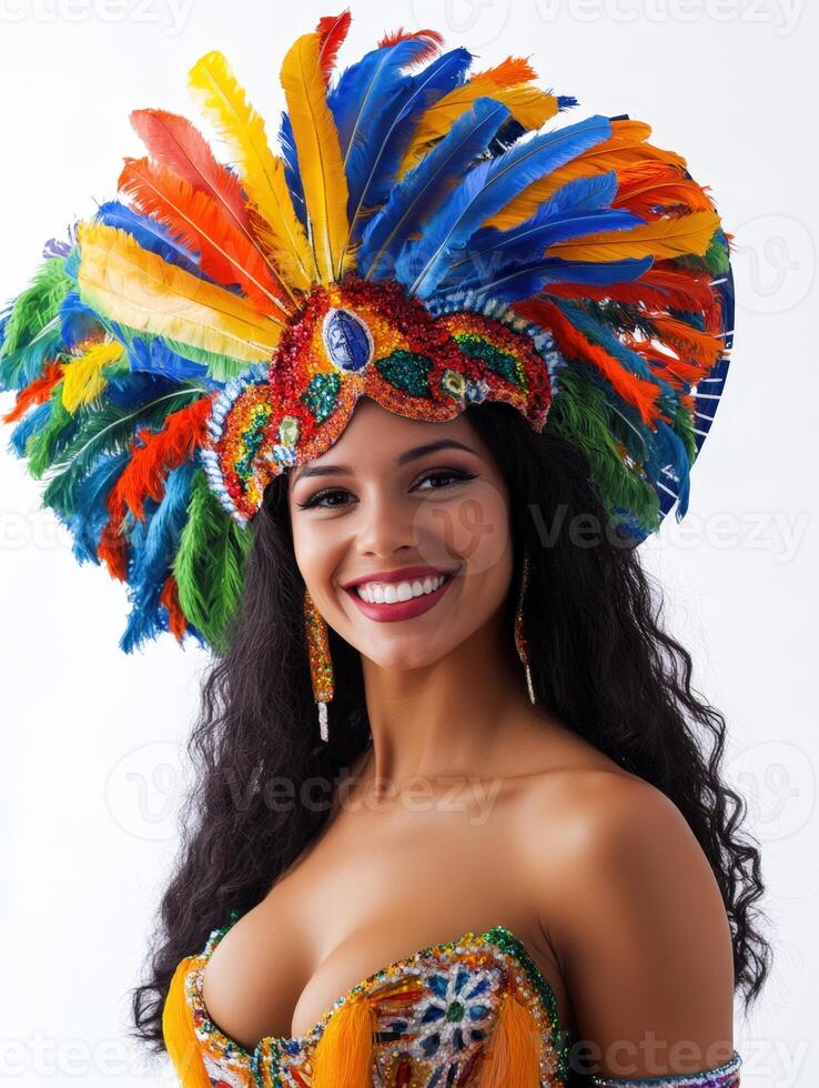 A woman in a colorful costume with a feather headdress photo