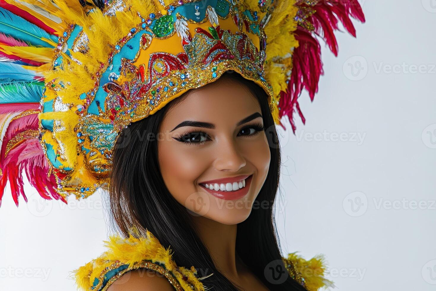 A beautiful woman in a colorful costume with feathers photo