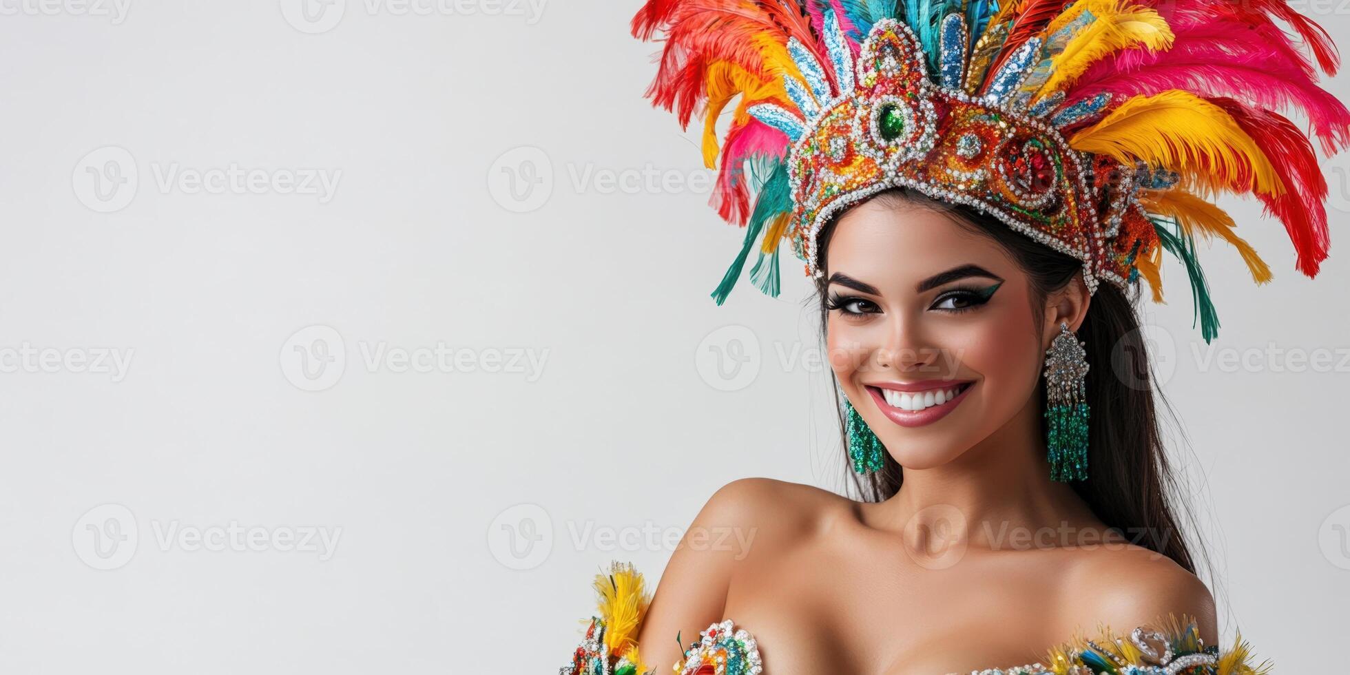 Beautiful woman in colorful costume with feather headdress photo