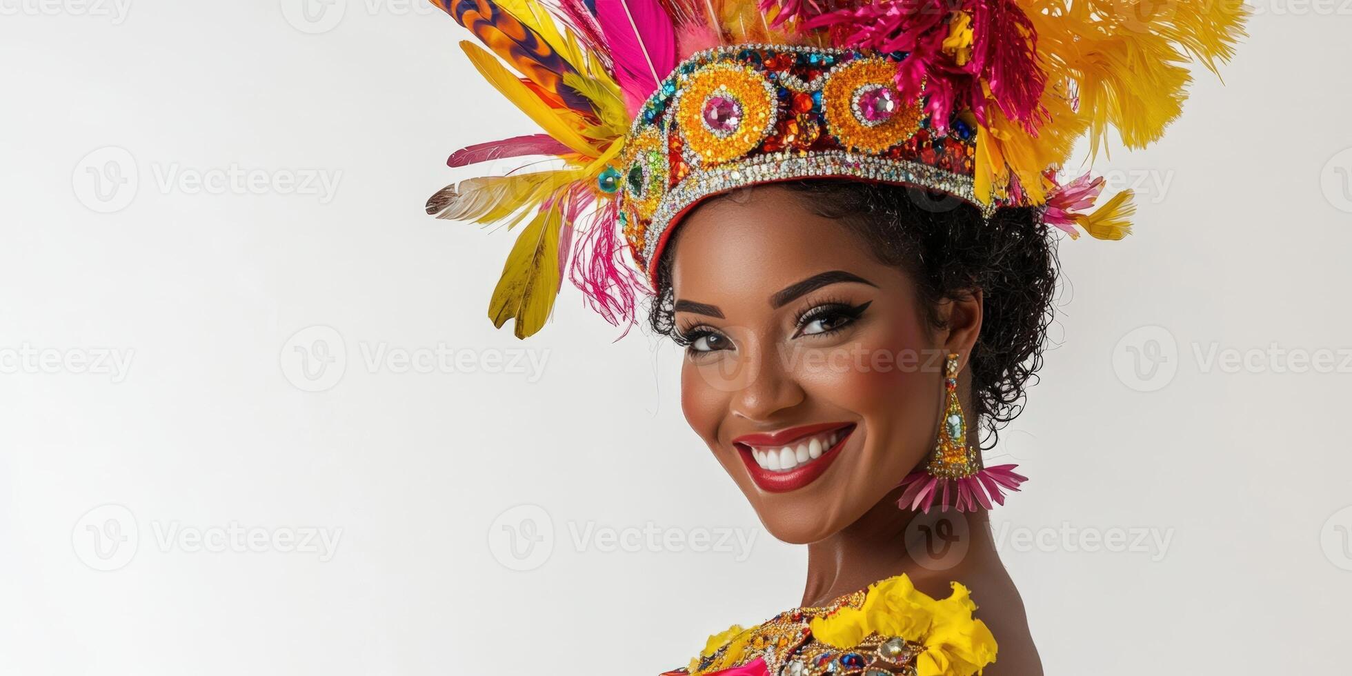 A woman in a colorful costume with feathers on her head photo