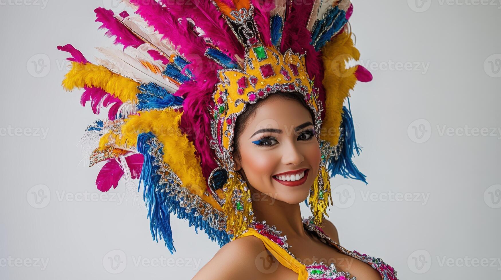 A woman in a colorful costume with feathers photo