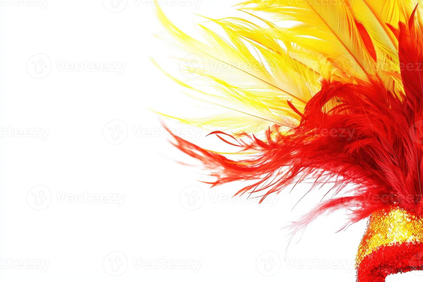 A woman wearing a red and yellow feather headdress photo
