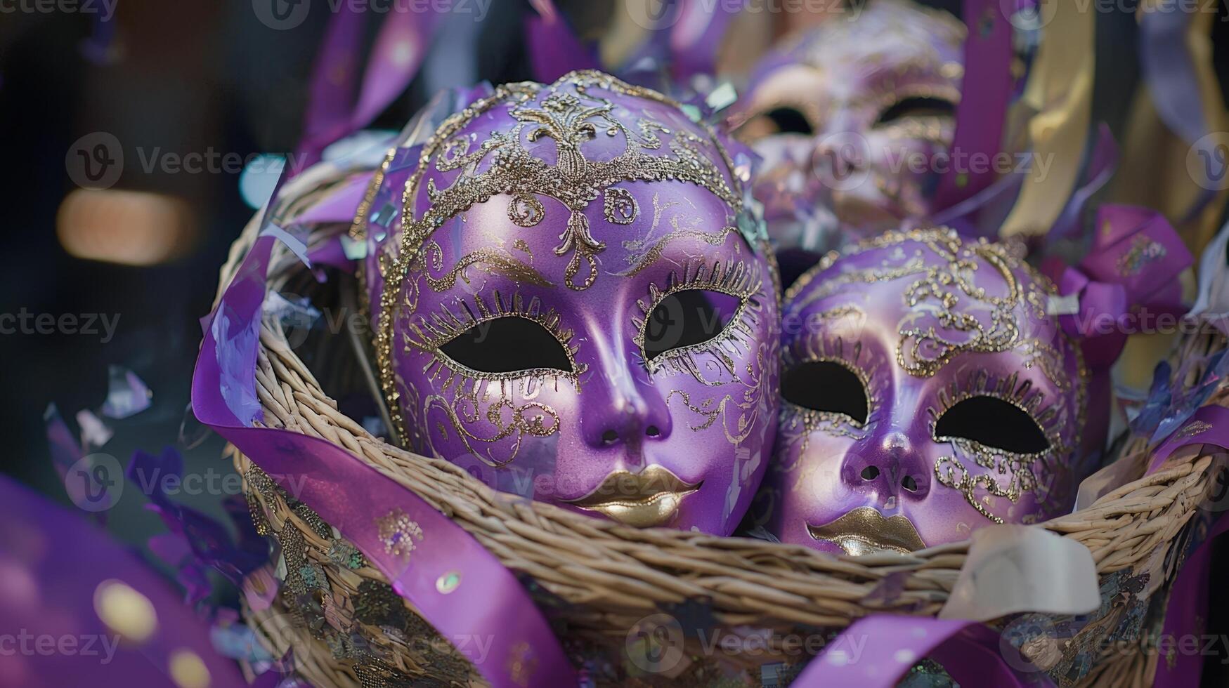 A basket with purple and gold masks in it photo
