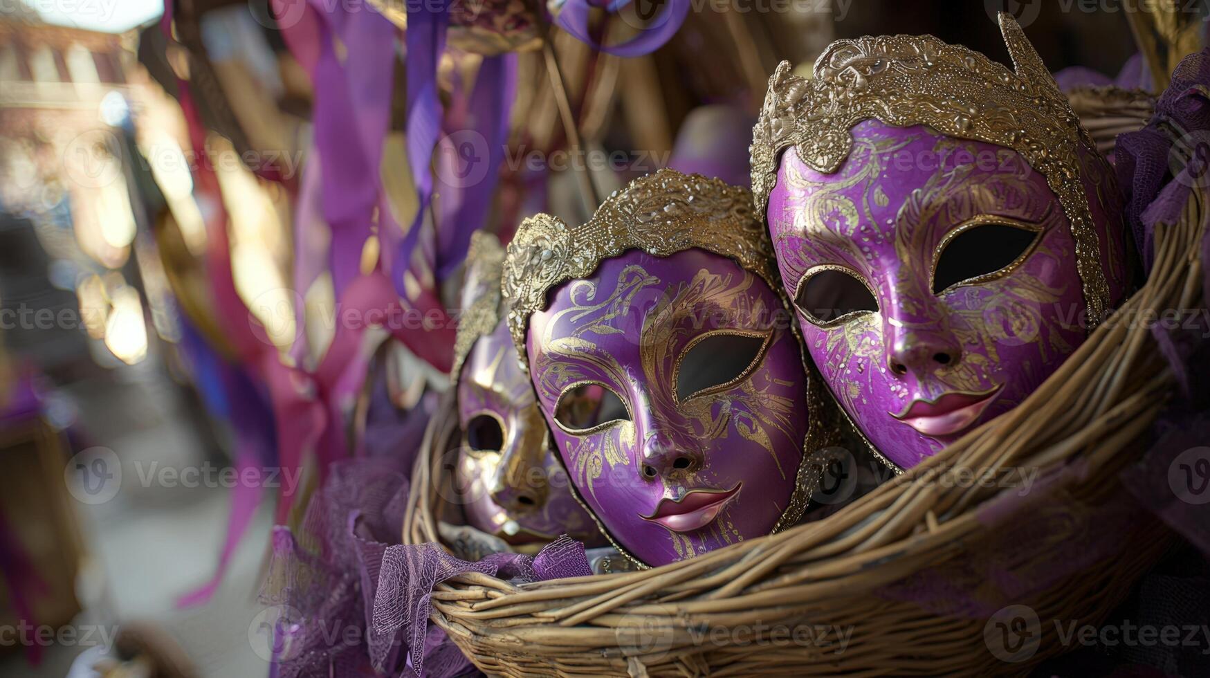 A basket with three masks in it photo
