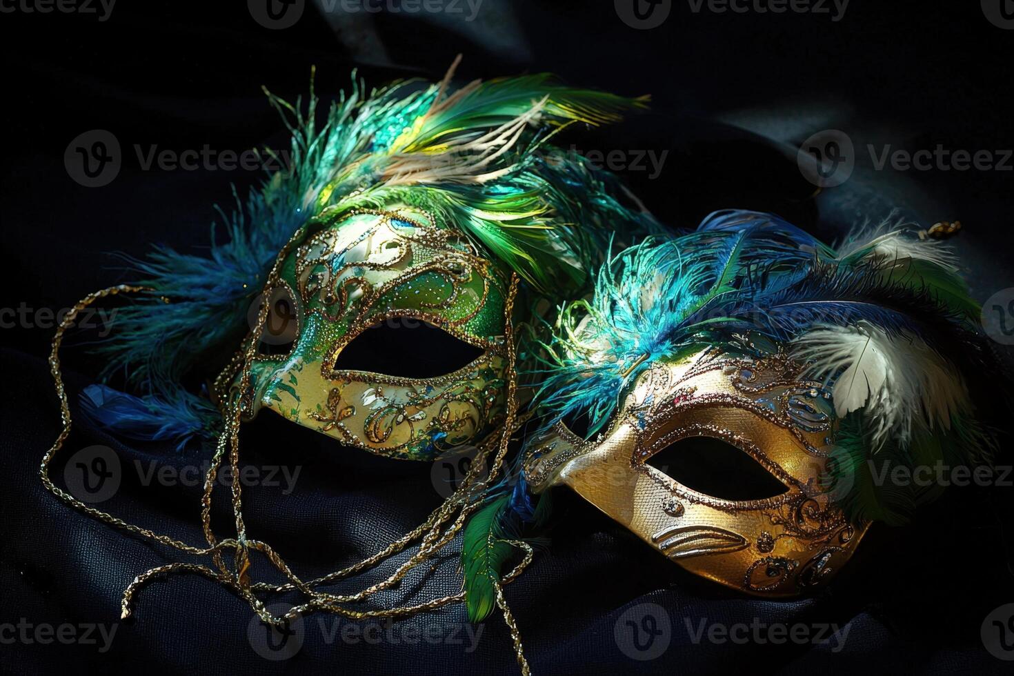 Two masks with feathers on them photo