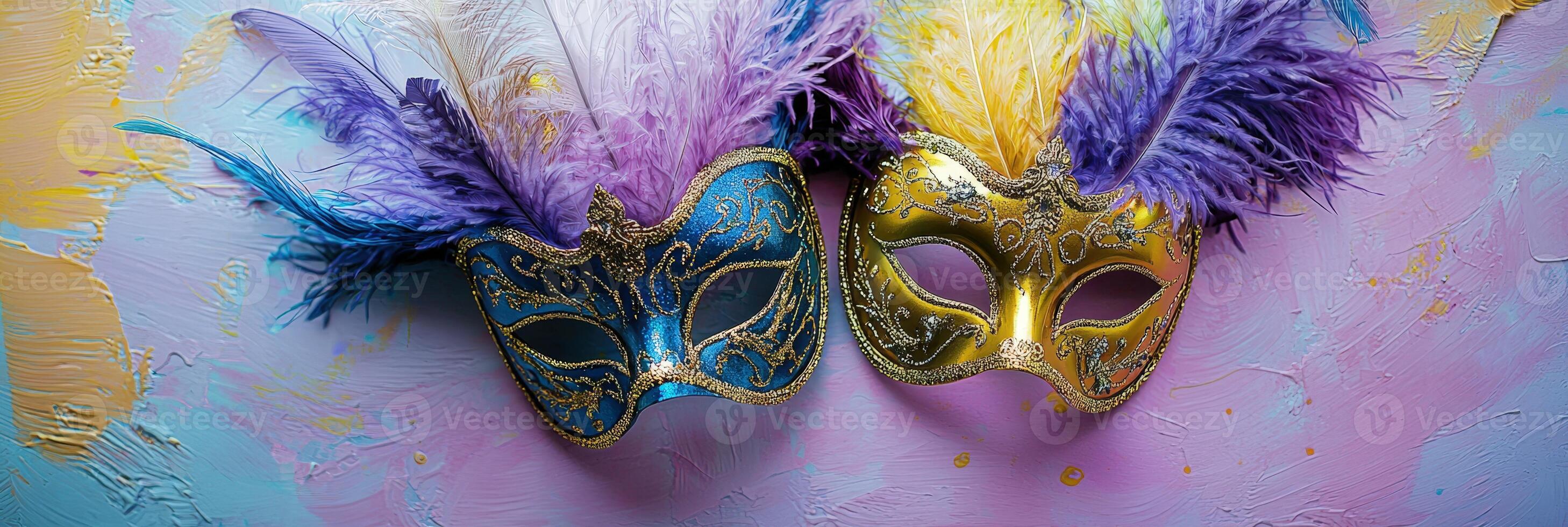 Two colorful carnival masks with feathers on a colorful background photo