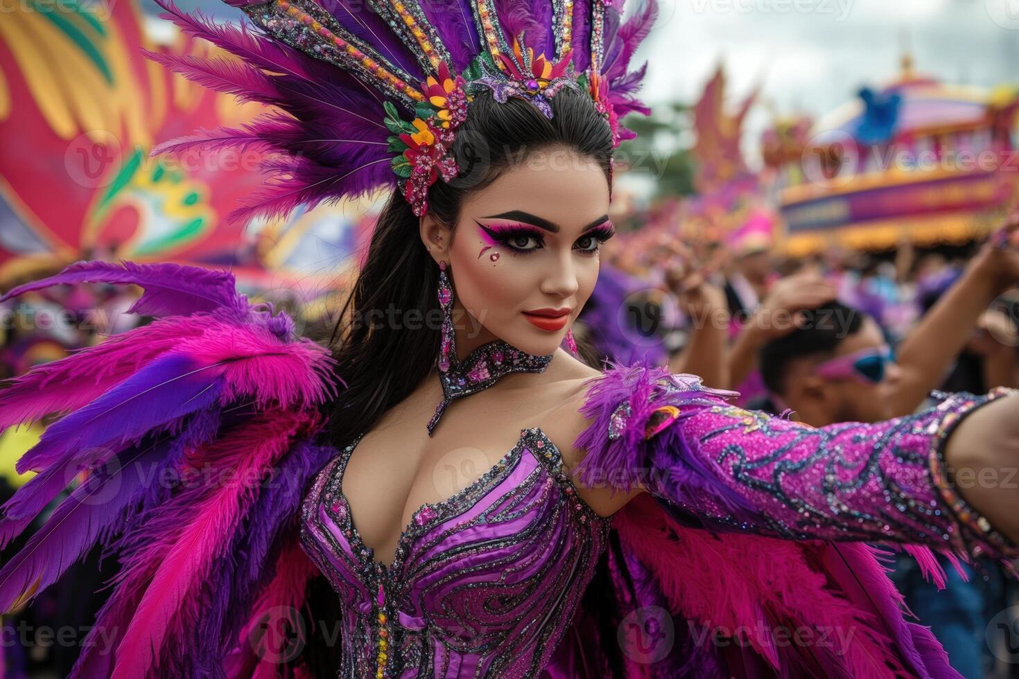 A woman in a purple costume with feathers photo