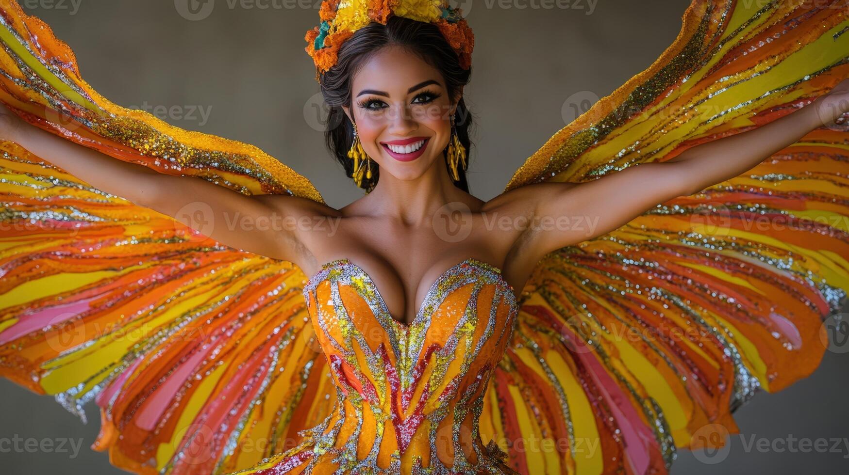 A woman in a colorful costume with wings photo