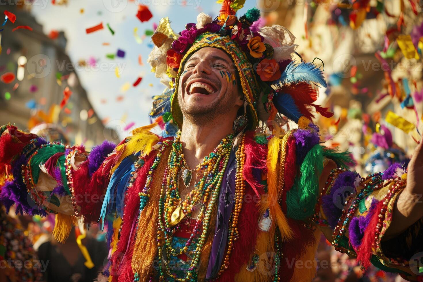 A man in colorful costume is laughing and smiling photo