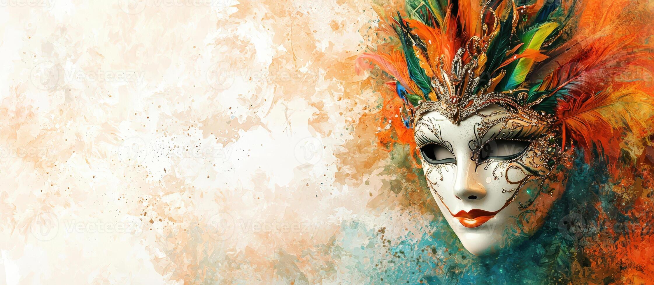 A painting of a colorful mask with feathers photo