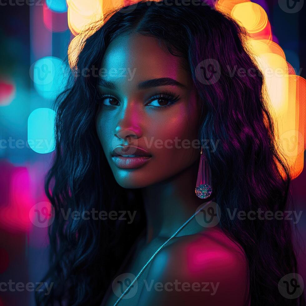 A beautiful woman with long hair and earrings photo