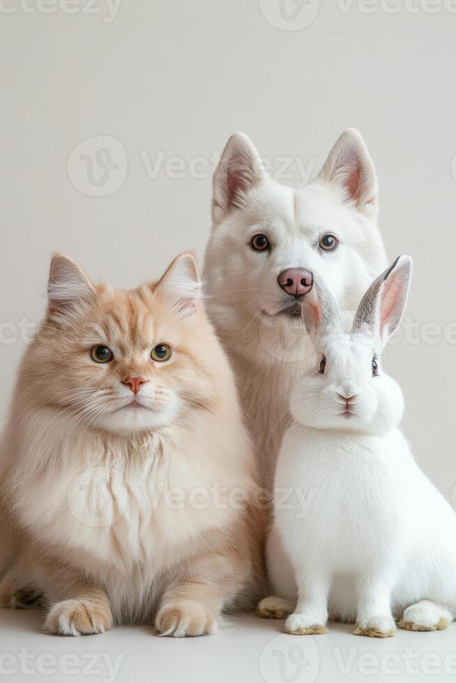 Three cats and a rabbit sitting together photo
