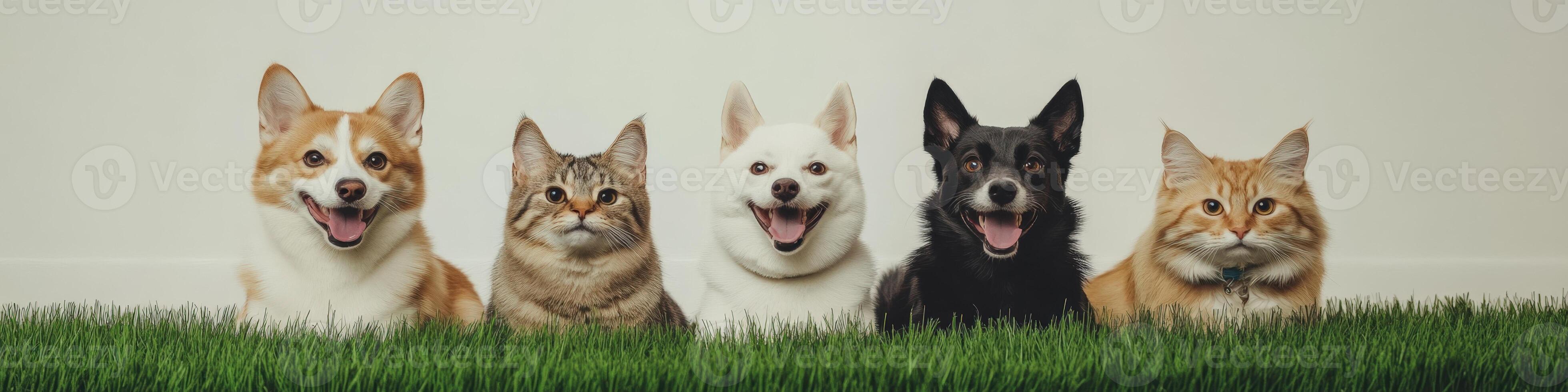 A group of dogs and cats sitting in the grass photo