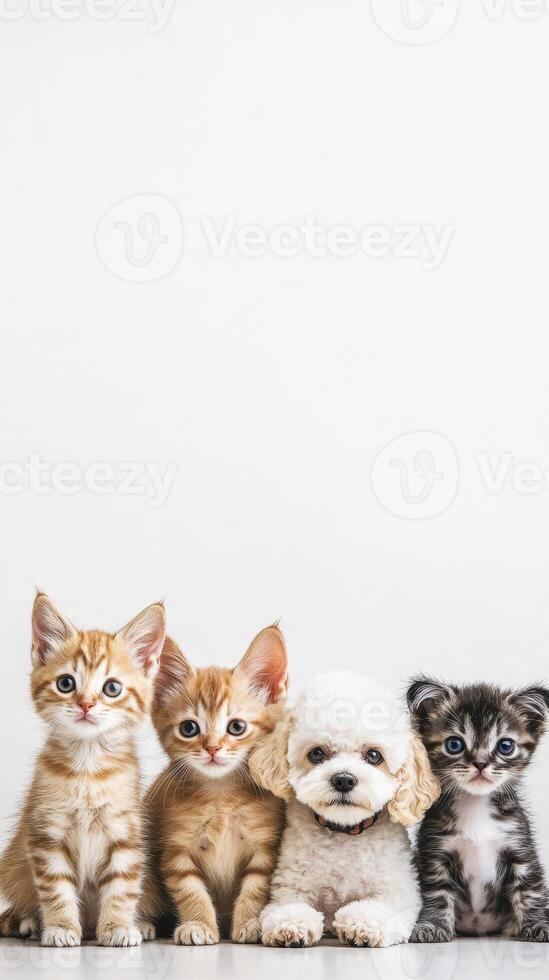 Four kittens and a dog sitting in a row photo