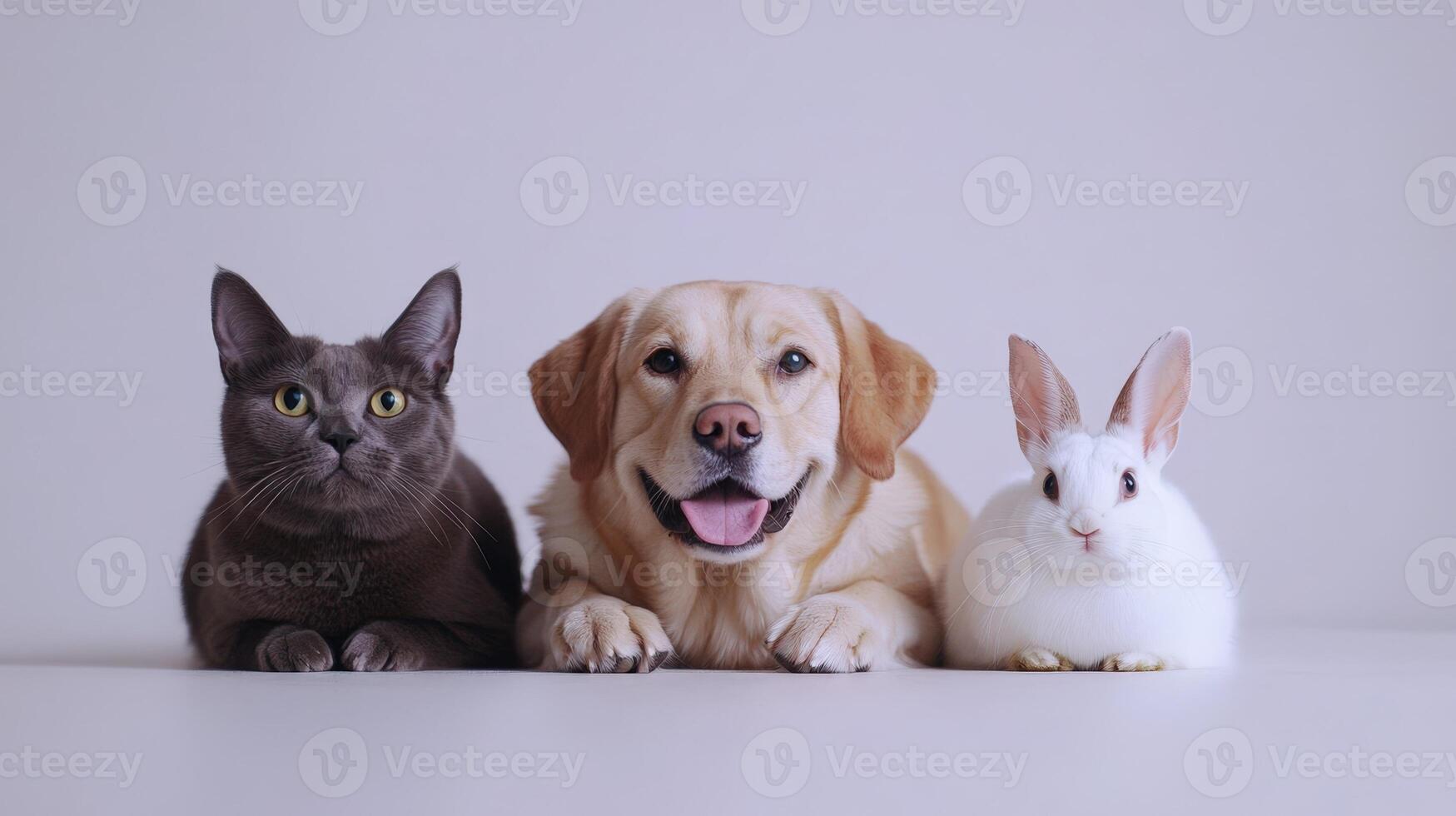 Three dogs and a cat sitting next to each other photo