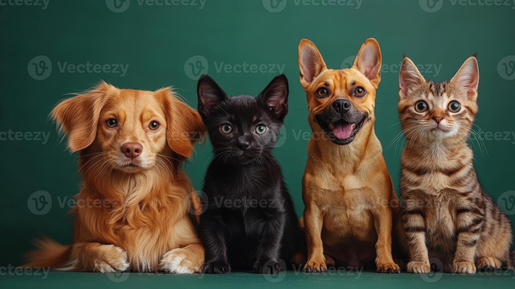 Four dogs and a cat sitting together photo