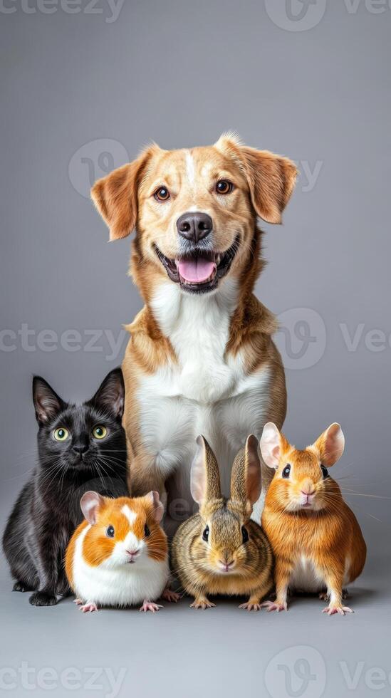 A dog and four small animals are posing together photo