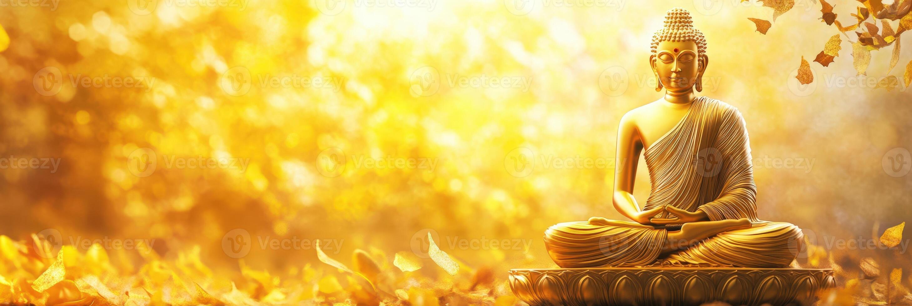 A golden buddha statue is sitting in the middle of a field photo
