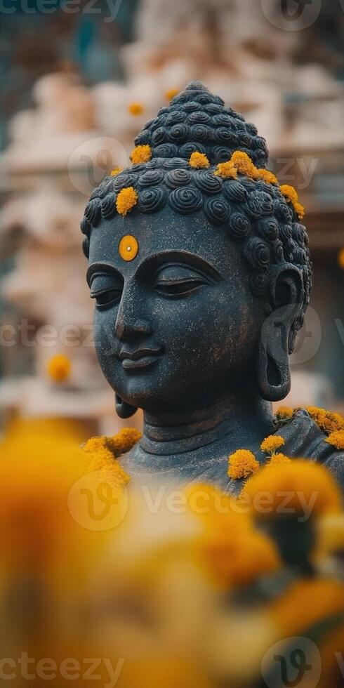 A buddha statue surrounded by yellow flowers photo