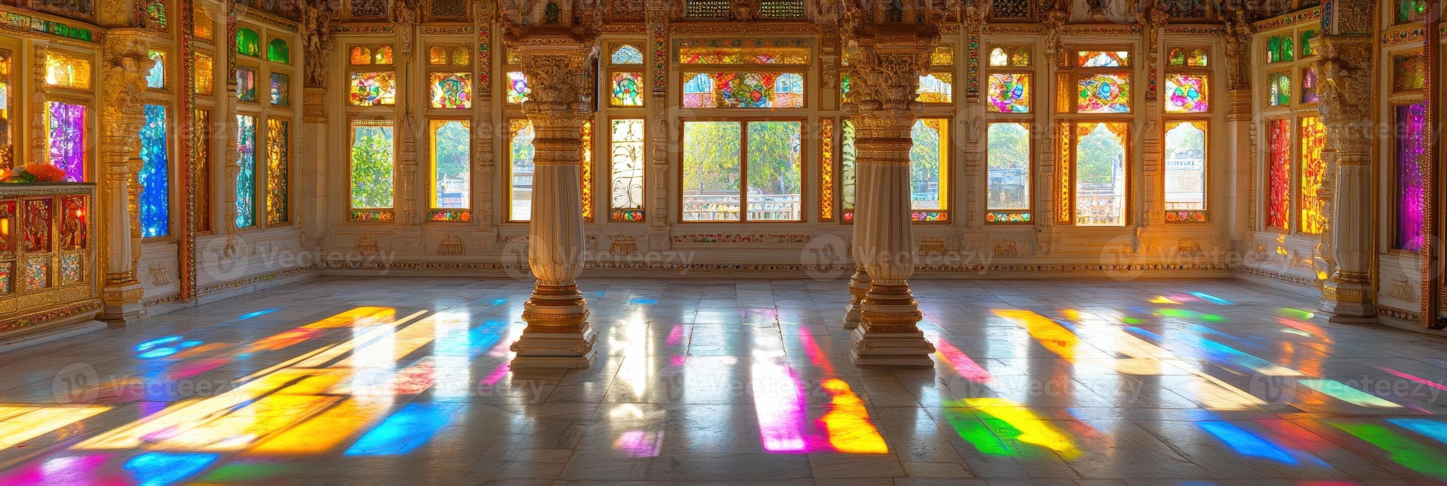 The inside of a palace with colorful stained glass windows photo