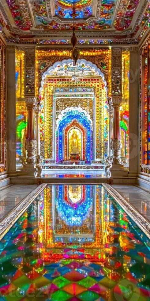The inside of a colorful building with a pool photo