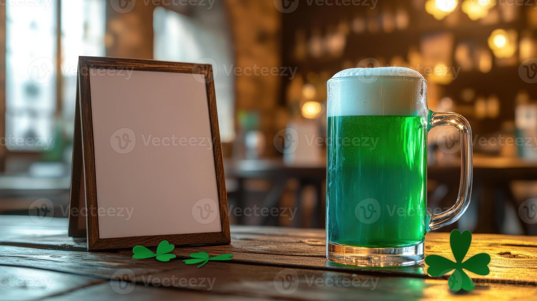 St patrick's day beer mug and blank sign on wooden table photo