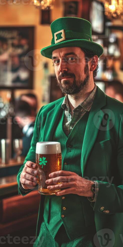 A man in a green suit holding a beer photo