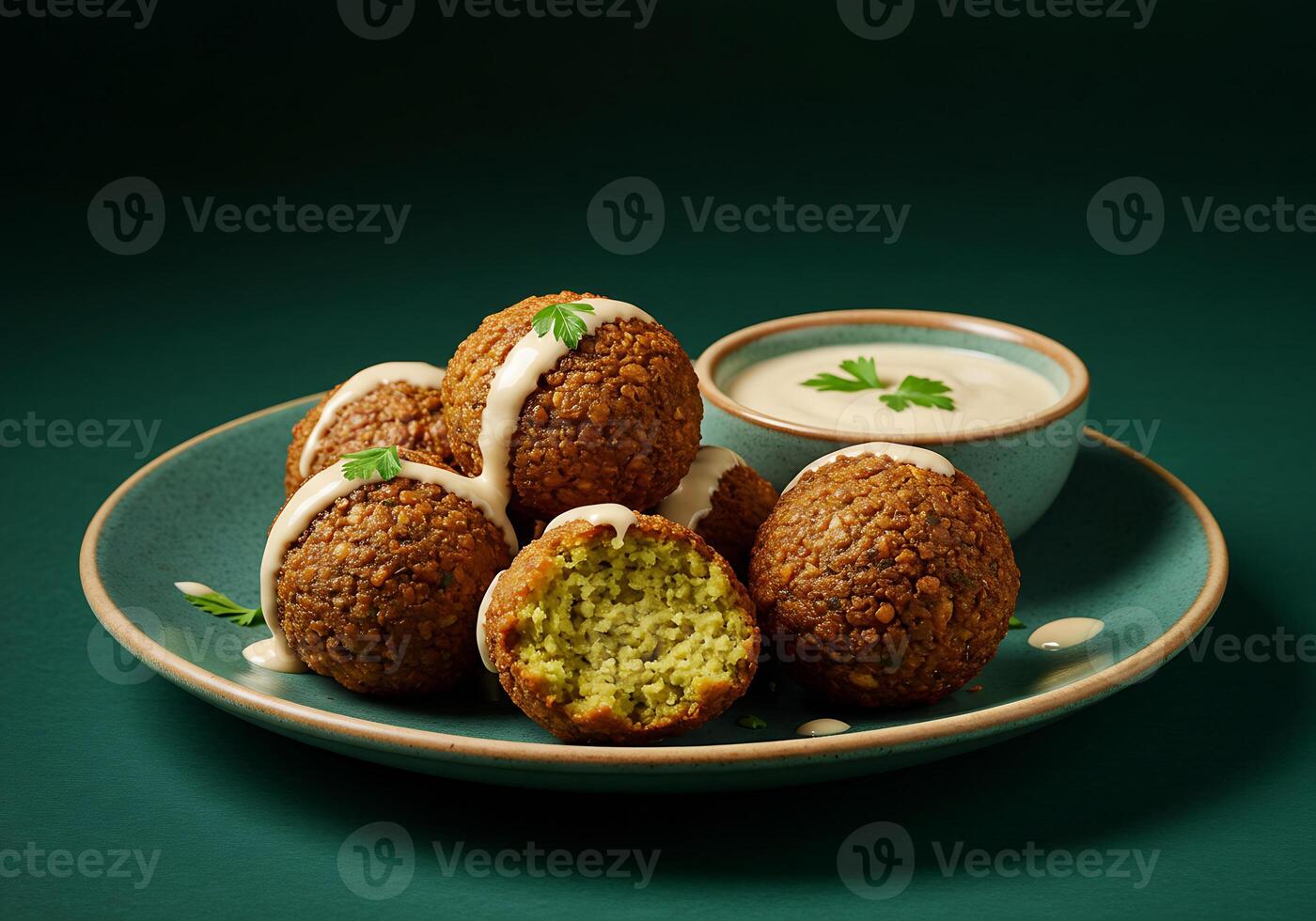 Crispy Falafel Bites with Creamy Tahini Sauce Parsley Garnish photo