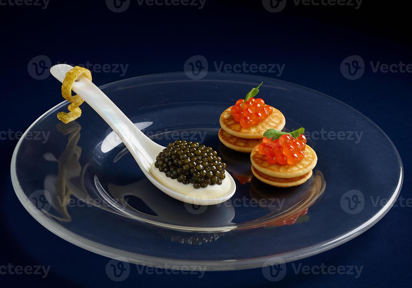 Elegant caviar and blini presentation. photo