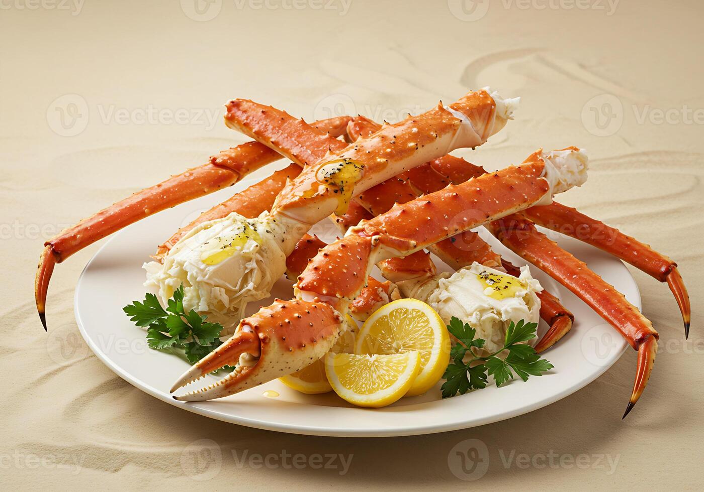 Delicious King Crab Legs Lemon Garnish Seafood cooked photo