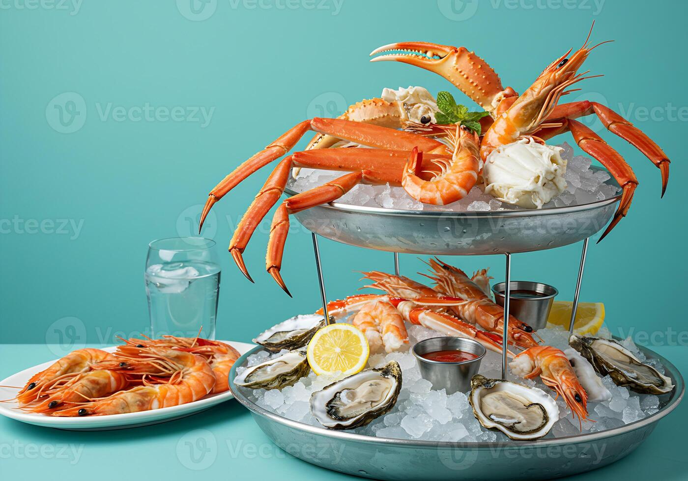 Ocean Delights Two-Tiered Seafood Tower of Crabs, Shrimp, and Oysters. photo