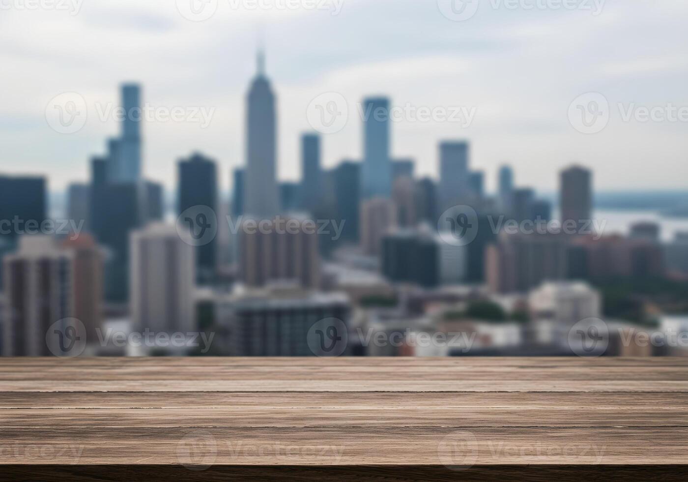 Elevated Wooden Surface Overlooking a Blurred Metropolis Skyline photo