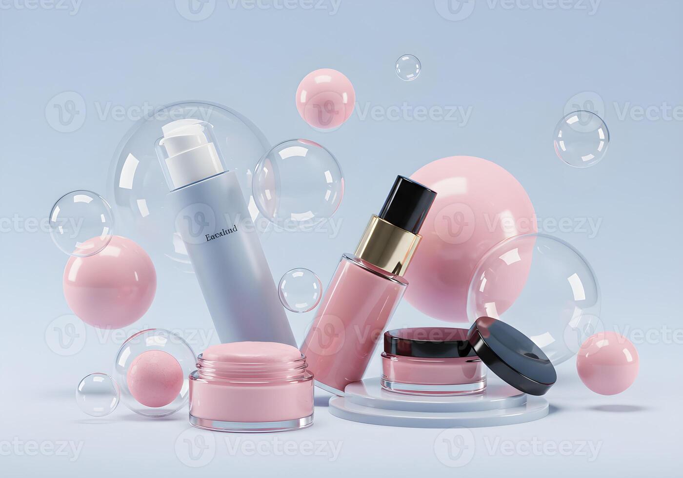 Floating Beauty Products in a Dreamy Bubble Setting photo
