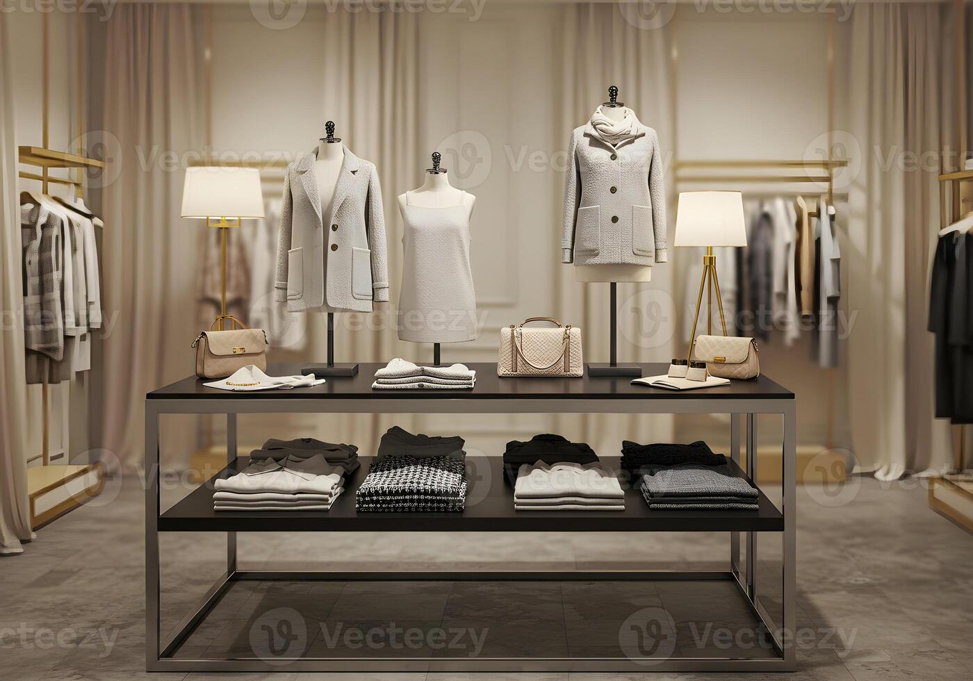 Elegant Boutique Display of Neutral-toned Apparel and Accessories photo