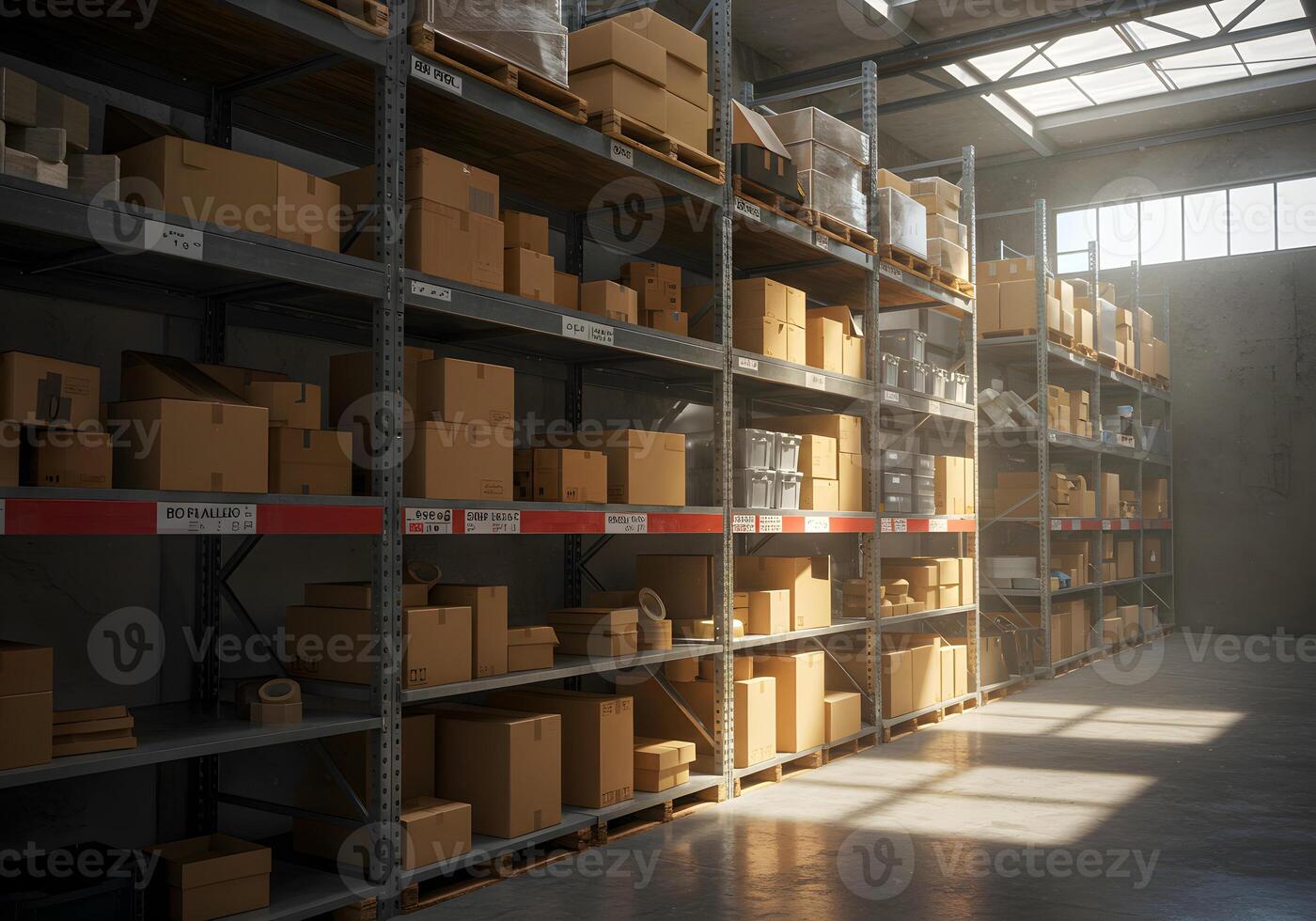 Sunlit Warehouse Rows Filled with Cardboard Boxes photo