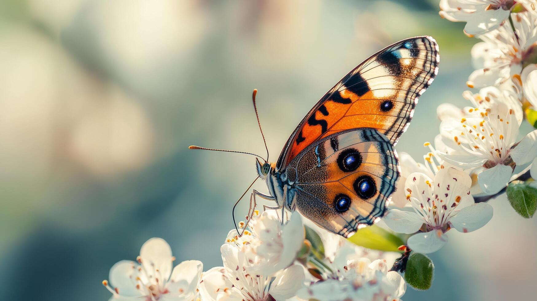 A butterfly is sitting on a flowering tree branch photo