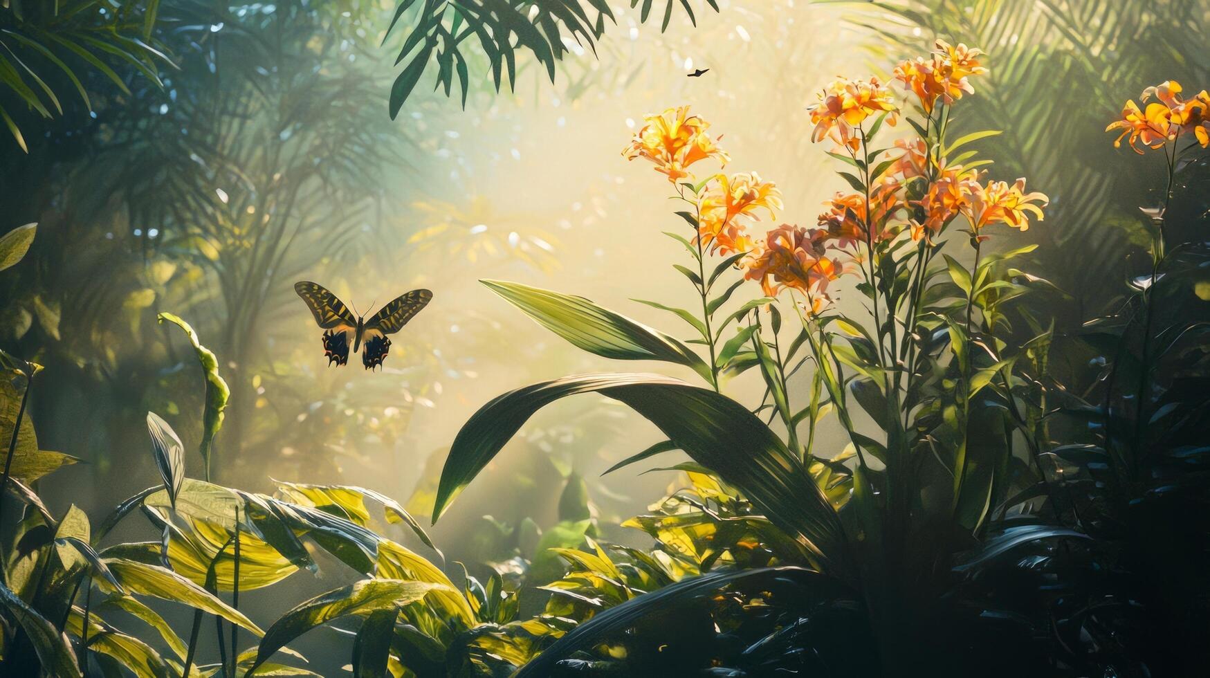 A butterfly flies over a tropical jungle with flowers photo