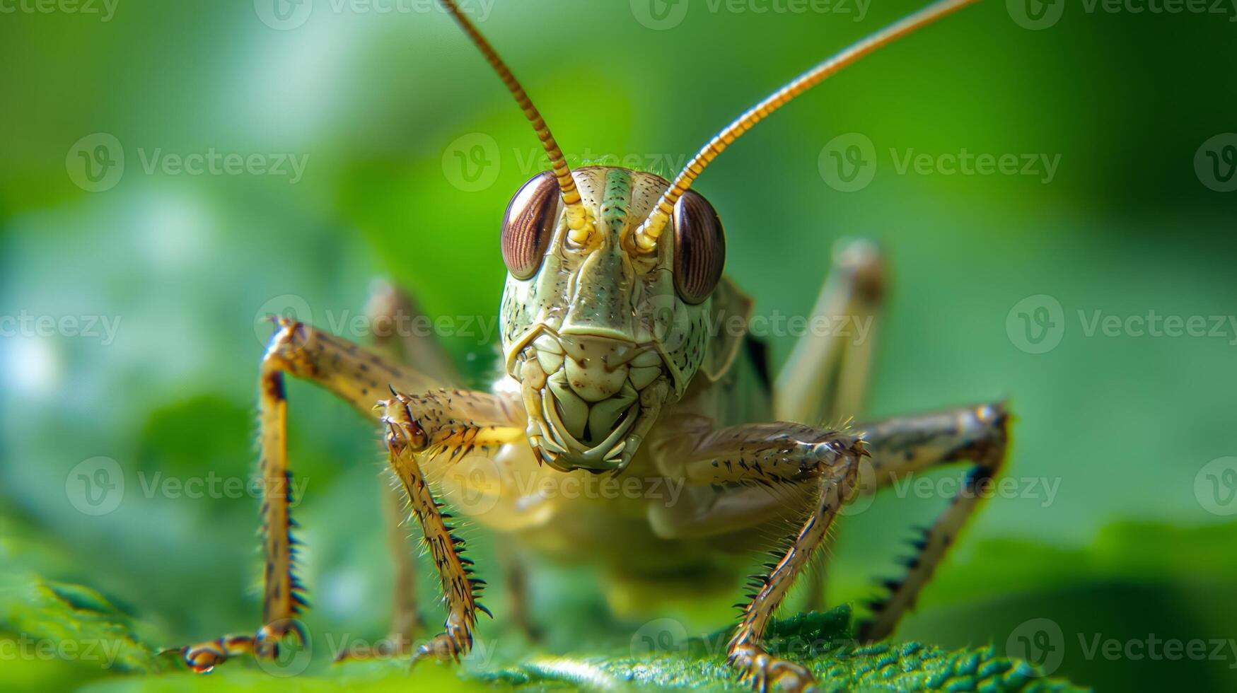A close up of a grasshopper on a green leaf photo