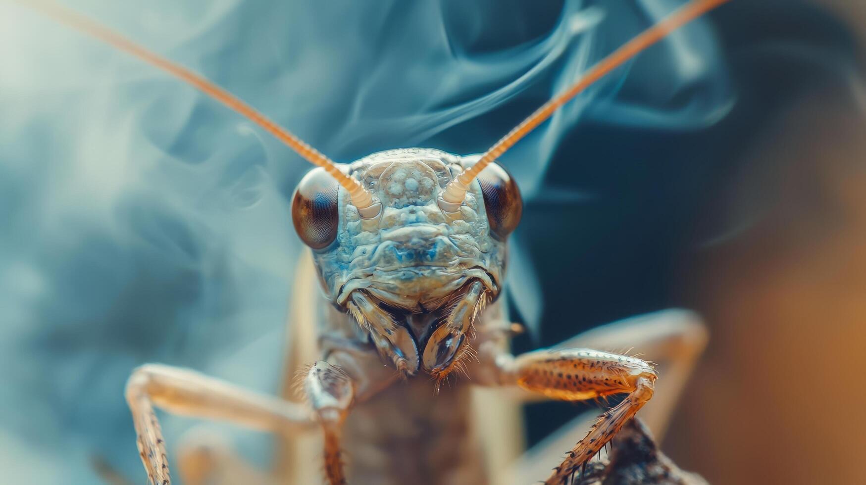 A close up of a grasshopper with smoke coming out of its mouth photo