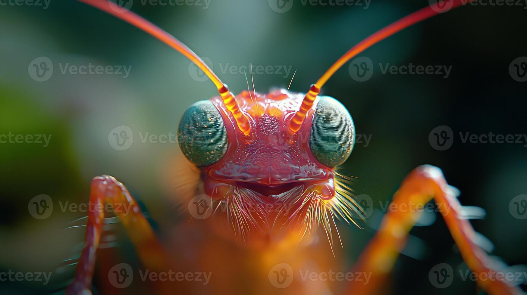 A close up of a red insect with green eyes photo