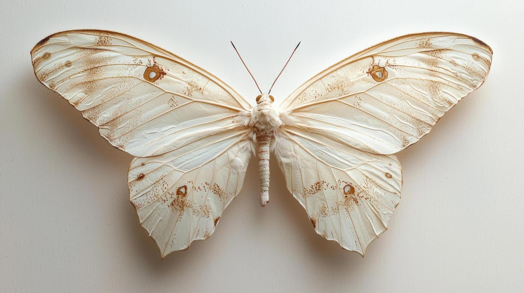 A white butterfly with brown wings on a white surface photo