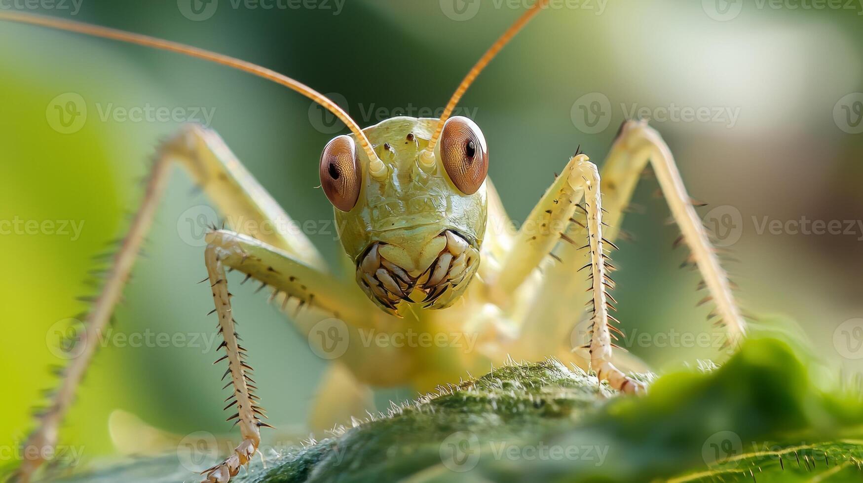 A grasshopper is sitting on a green leaf photo