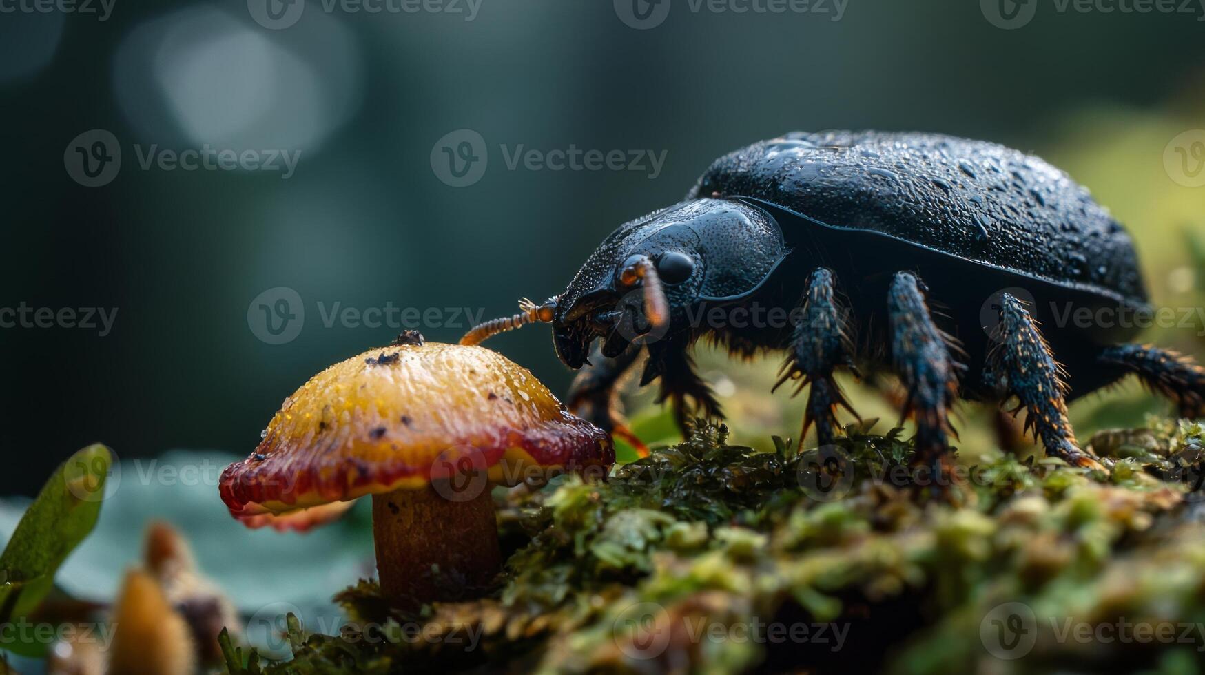 A beetle eating a mushroom on a mossy surface photo