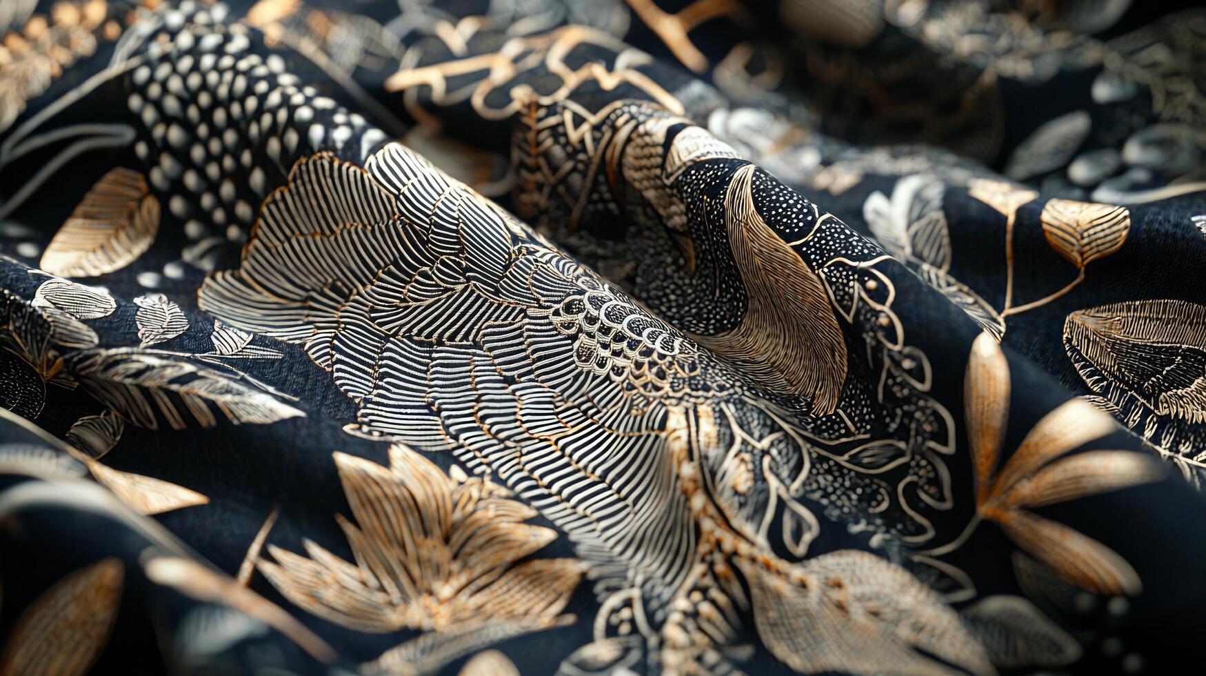 A close up of a black and gold floral pattern photo